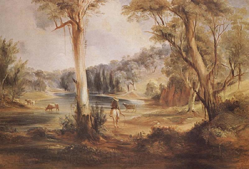 Conrad Martens Australian Landscape with cattle and a stockman at a creek Spain oil painting art
